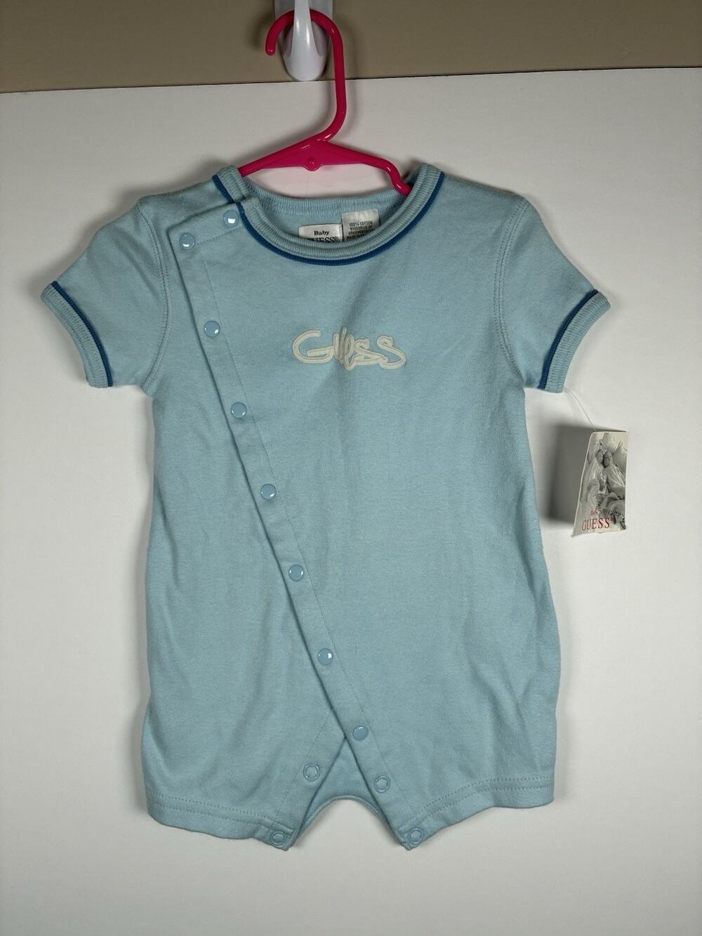 Baby Guess 3-6 Months NWT Pastel Blue Romper 100% Cotton Snap Front Layette